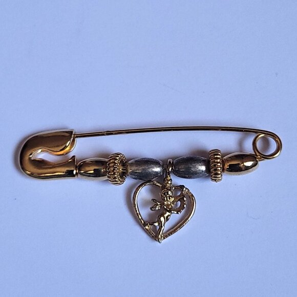 Vintage Beaded Heart Cupid Safety Pin Brooch - Picture 1 of 5